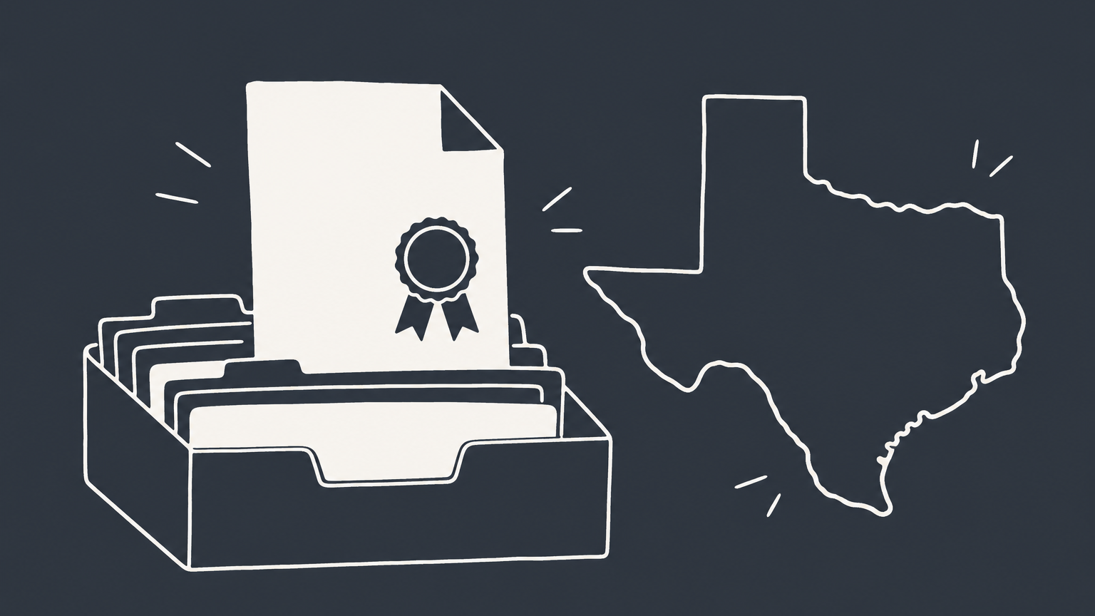 Flat illustration of a sealed document emerging from a filing tray beside Texas, representing a Texas certificate of filing.