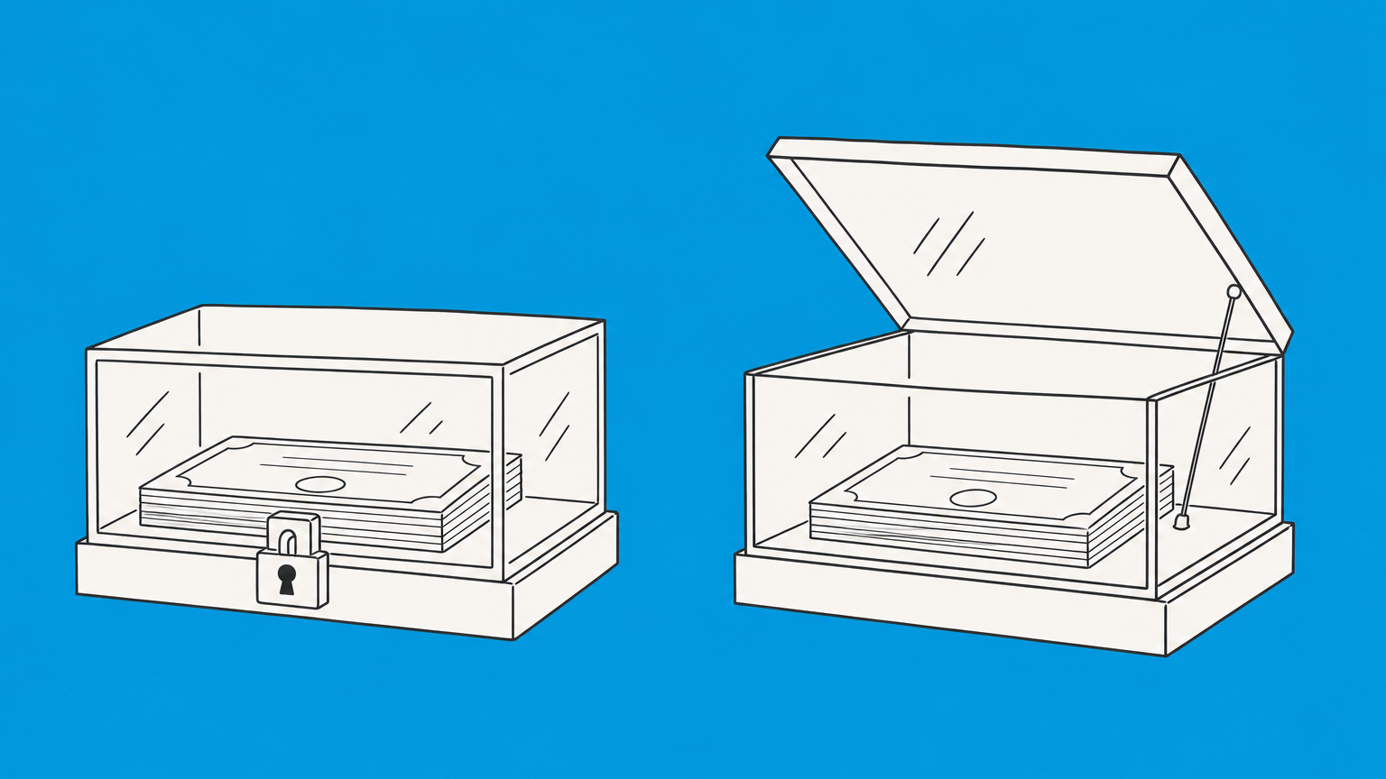 Flat illustration of locked and open share-certificate cases representing a private corporation versus a public corporation.