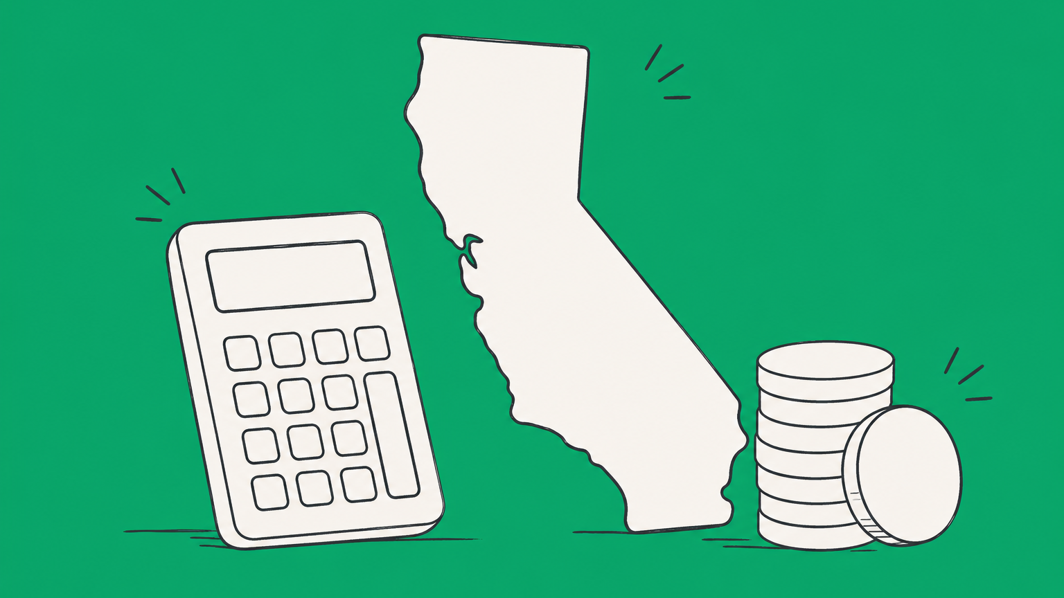 Flat illustration of a calculator, California-shaped tile, office building, wallet, and divided coin stacks representing the California corporate tax rate.