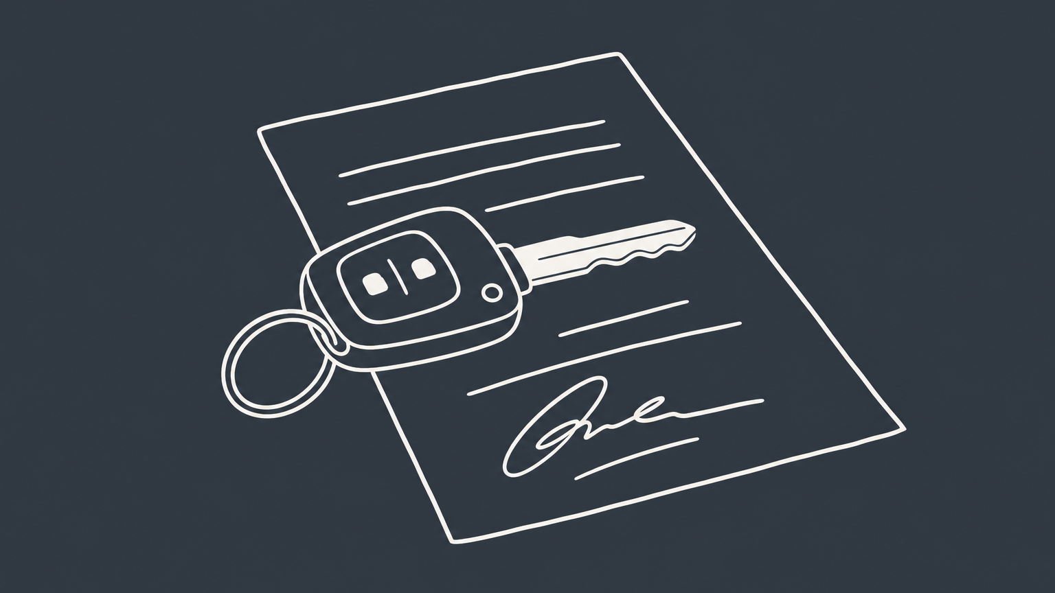 Flat illustration of a car key resting on a signed document between interlocking pieces, representing whether a bill of sale is legally binding.