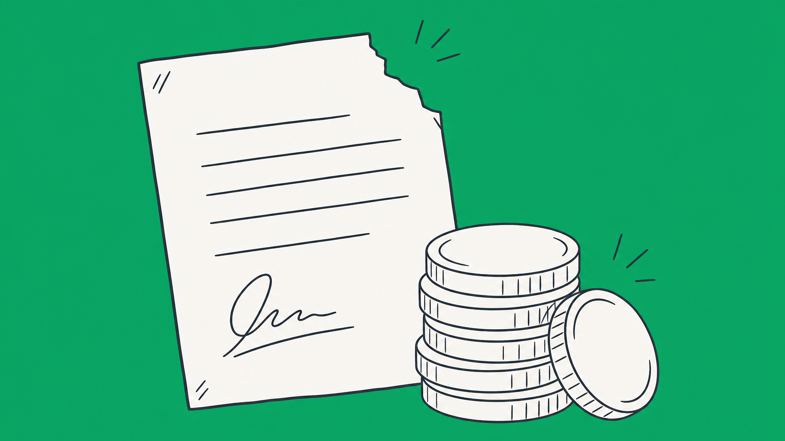 Flat illustration of a signed paper bridge with a loose plank between two stacks of coins, representing what makes a promissory note invalid.