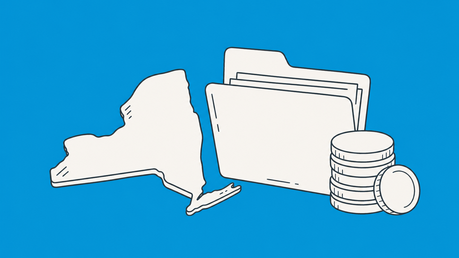Flat illustration of a business folder, coin stacks, newspaper, and calendar representing New York LLC filing and ongoing costs.