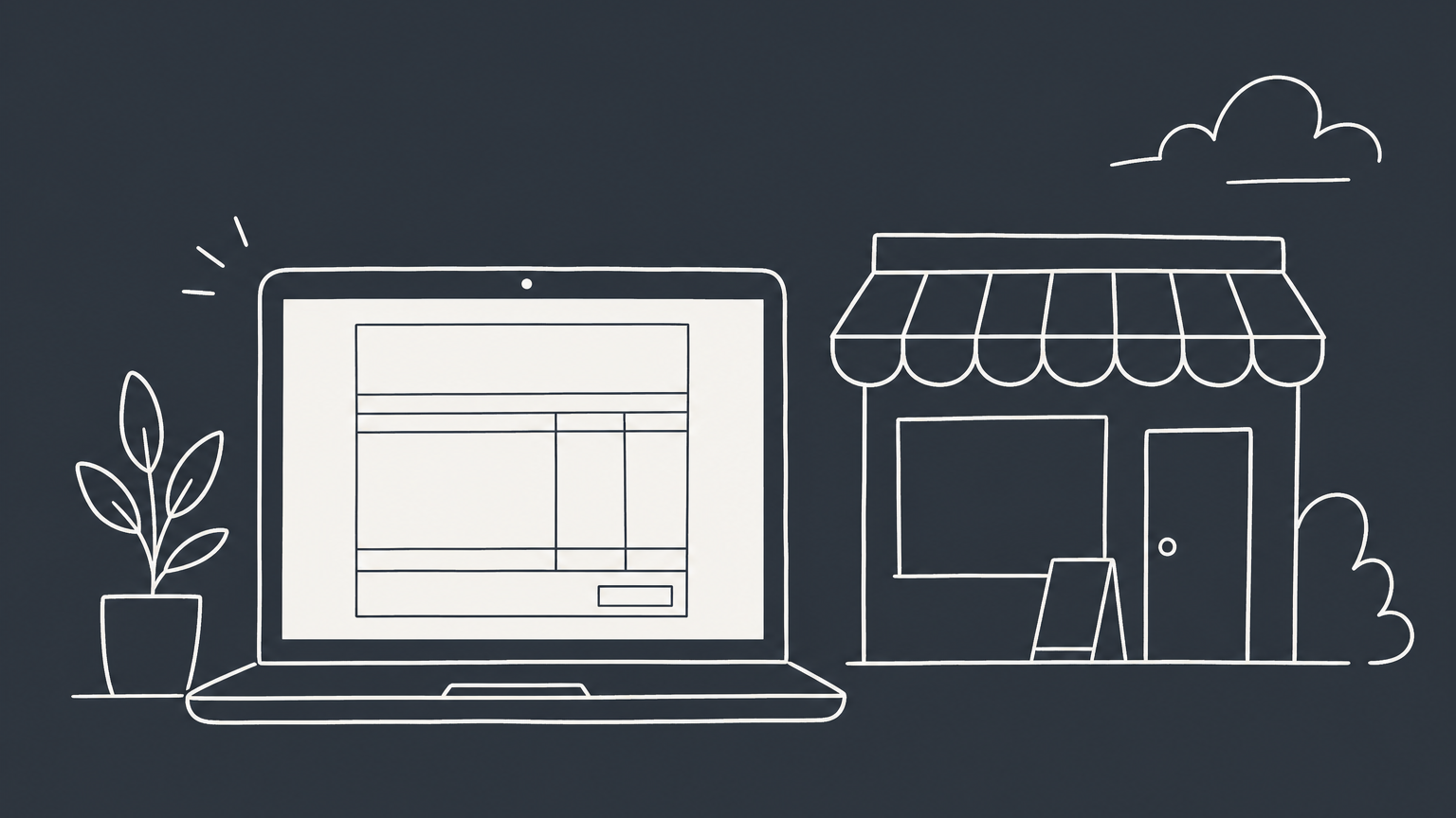 Flat illustration of a storefront sending an invoice through an online portal into a filing tray for VAT registration.