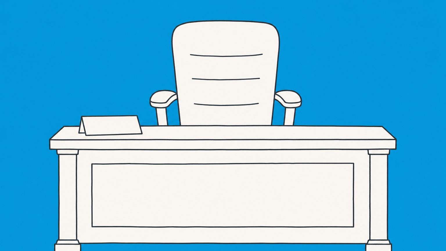 Flat illustration of interchangeable desk nameplates beside an office chair and organizational blocks representing CEO and president titles in an LLC.