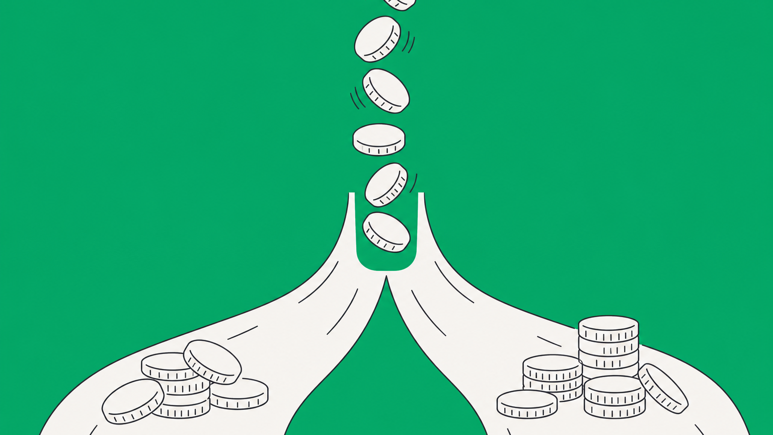 Flat illustration of business income splitting into gear-driven and separate channels to represent passive vs nonpassive income.