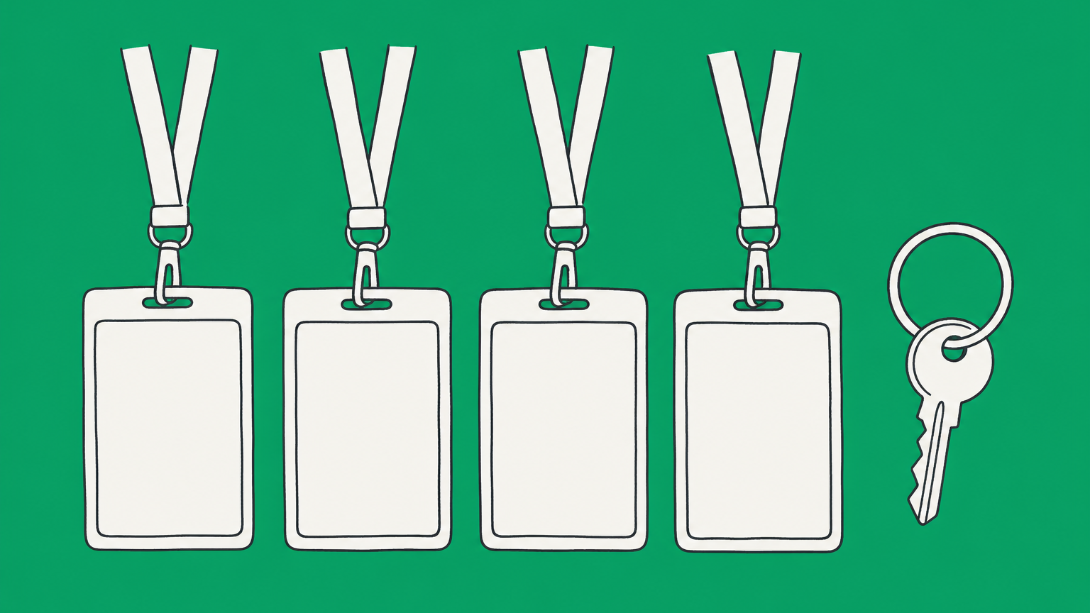 Flat illustration of an ownership key connected to several blank role badges representing title choices for an LLC owner.