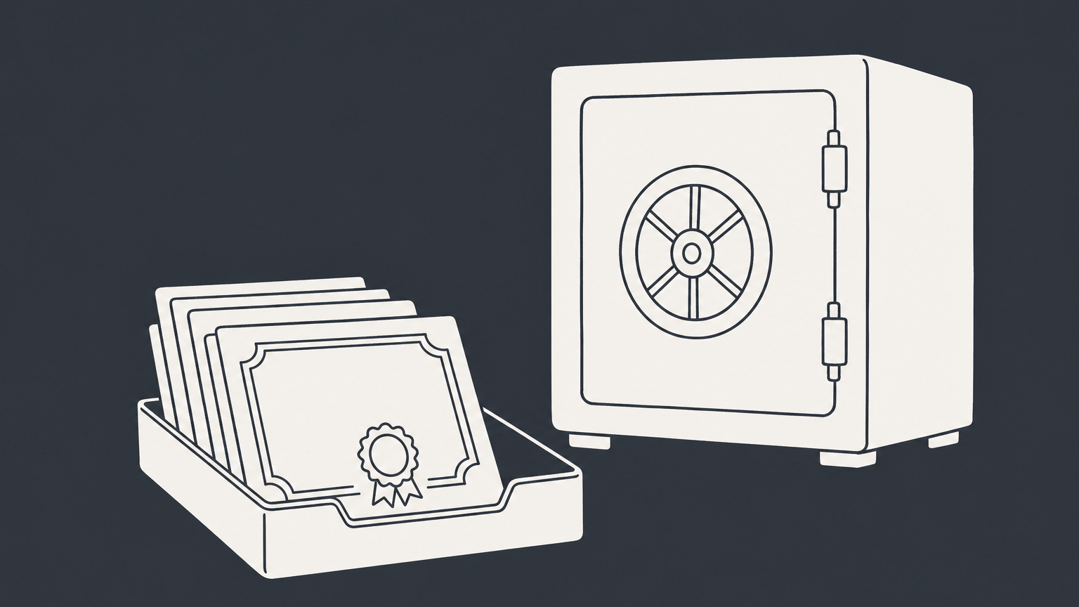 Flat illustration of stock certificates outside and inside a company vault to represent outstanding shares, issued shares, and treasury shares.