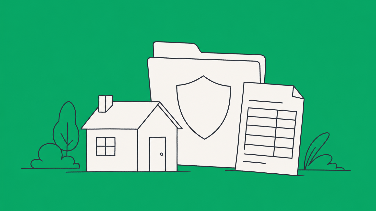 Flat illustration of a rental house between a shield-shaped entity folder and tax documents, representing the LLC vs. S corporation choice for rental property.