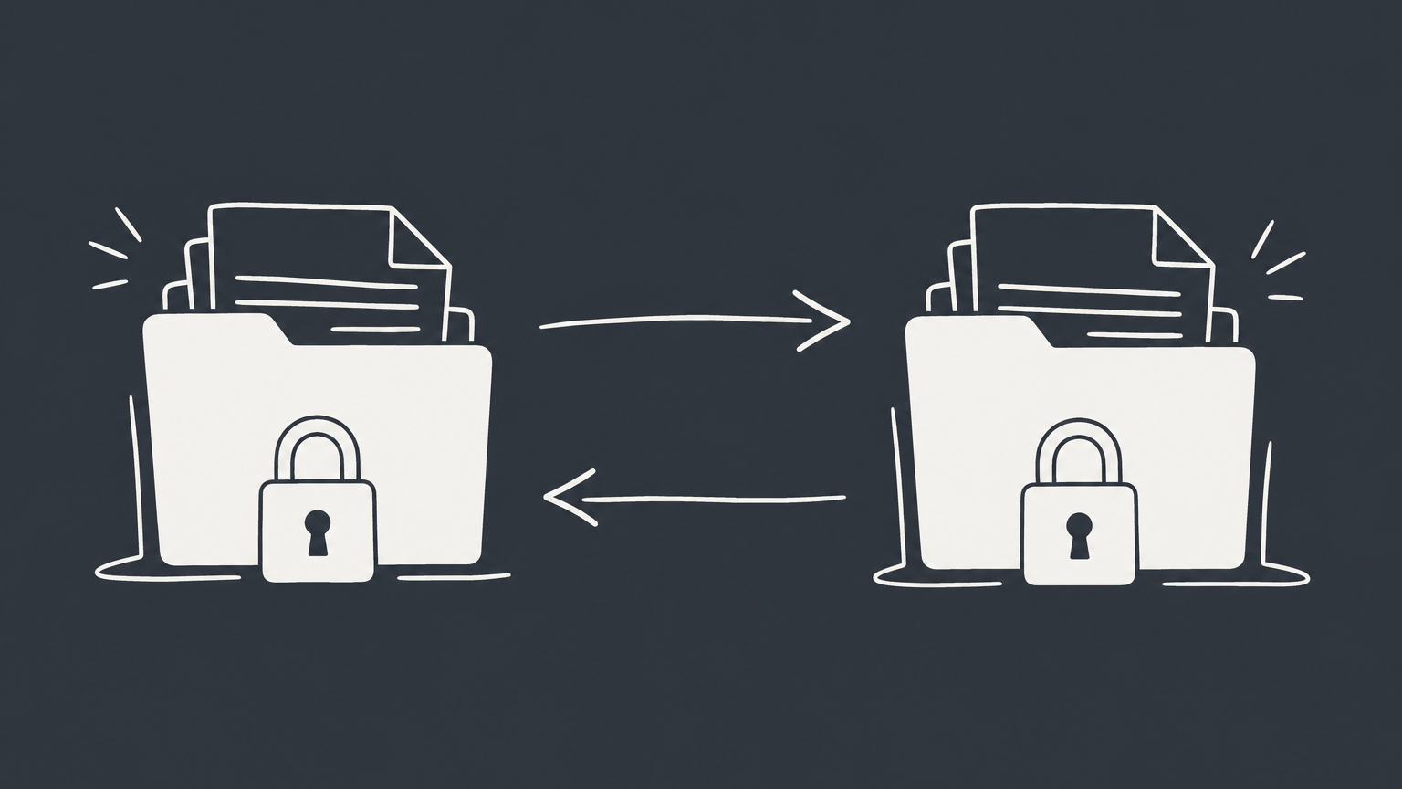 Flat illustration of locked document folders with two-way and one-way exchanges representing an MNDA vs a unilateral NDA.