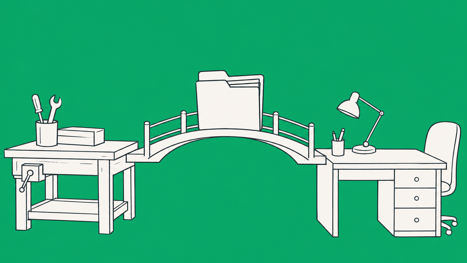 Flat illustration of a contract folder bridging a workbench and office desk to represent the shop steward role.
