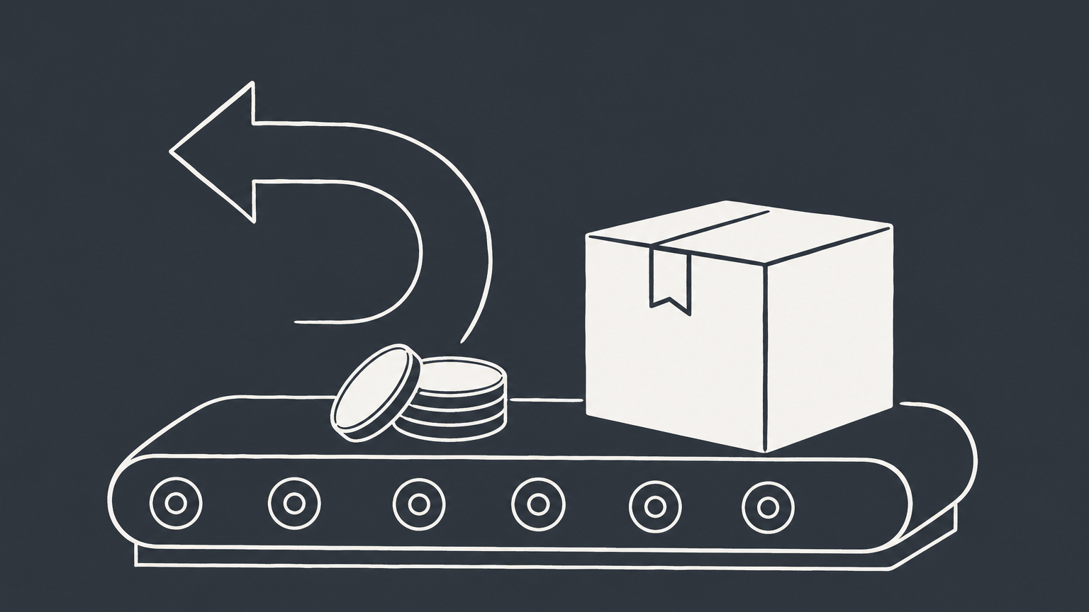 Flat illustration of a package and coins moving backward between businesses to represent restitution damages in contract law.