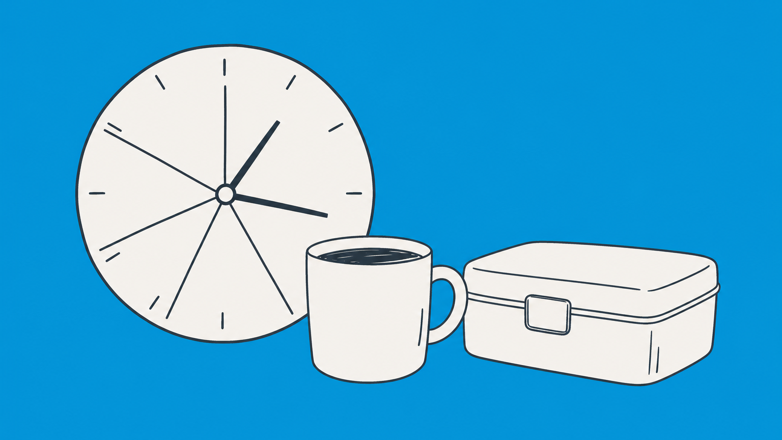 Flat illustration of a segmented workday clock, coffee cup, and lunchbox representing Colorado break laws.