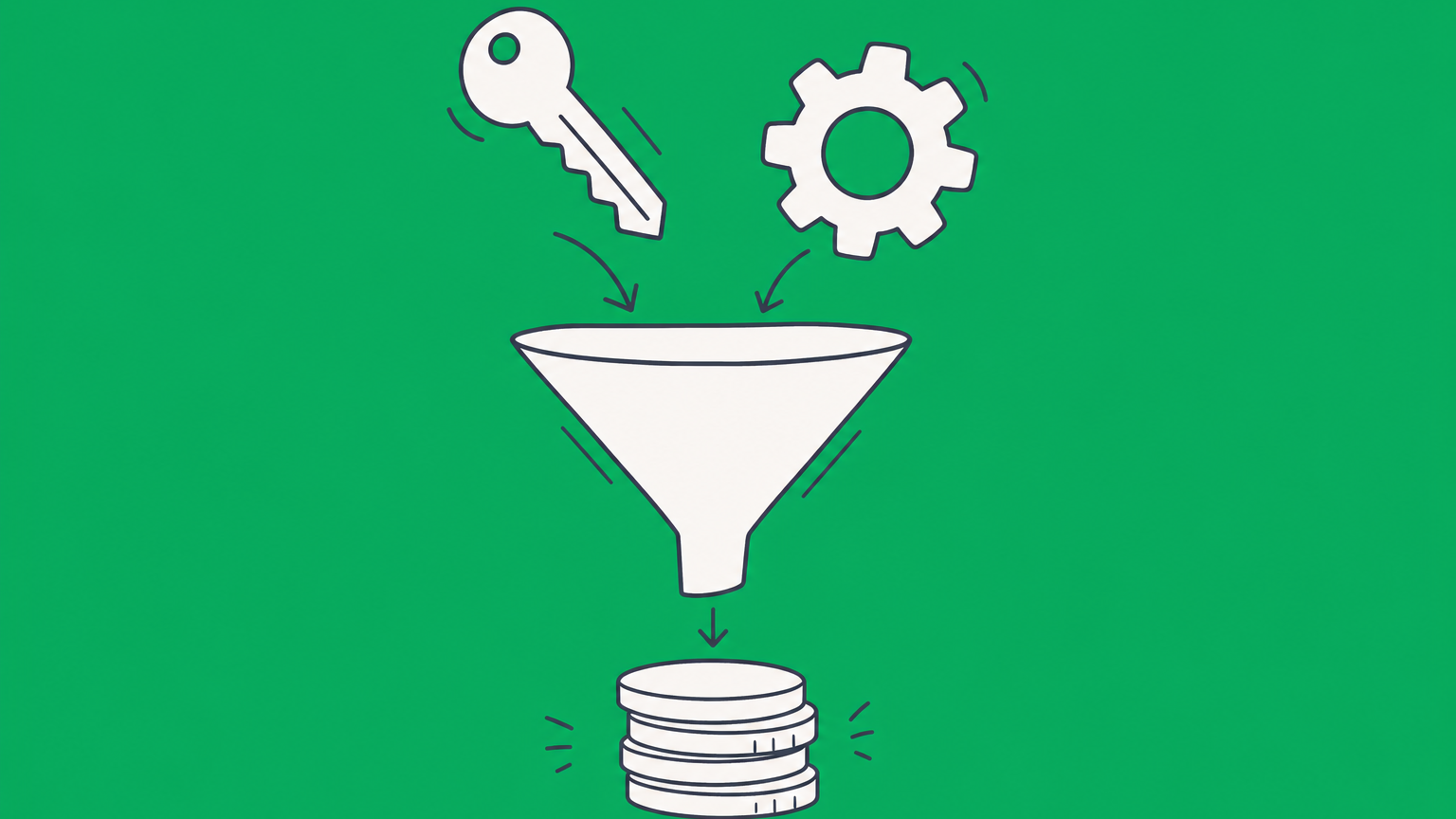 Flat illustration of several types of property passing through a funnel into coins to represent the meaning of liquidating assets.