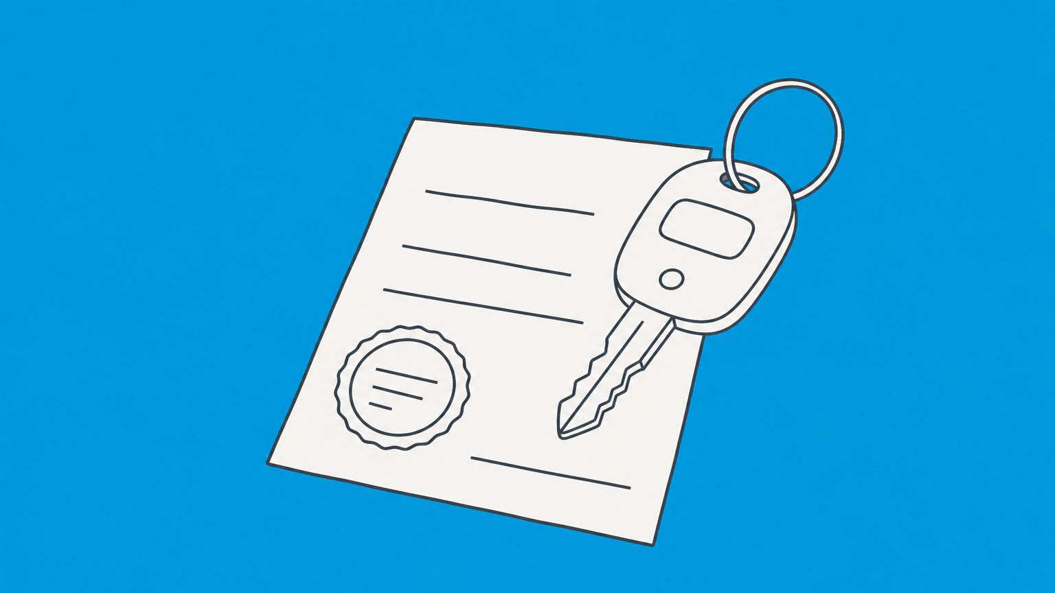 Flat illustration of a car key separated from a vehicle by a checked transfer receipt, representing a release of liability after a car sale.
