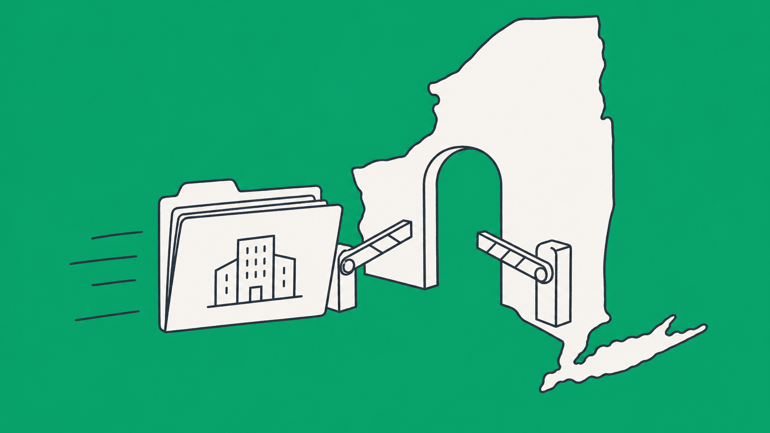 Flat illustration of a corporation folder passing through federal and New York checkpoints toward tax forms and coins, representing New York S corp elections and taxes.