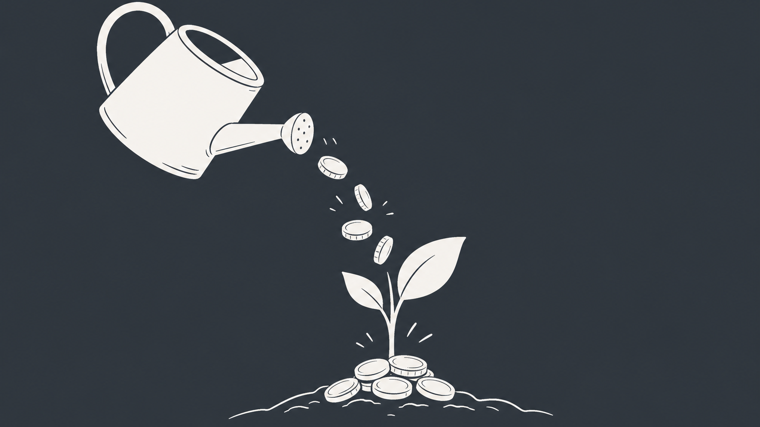 Flat illustration of a watering can pouring coins onto a seedling beside a business blueprint, representing how to ask investors for funding.