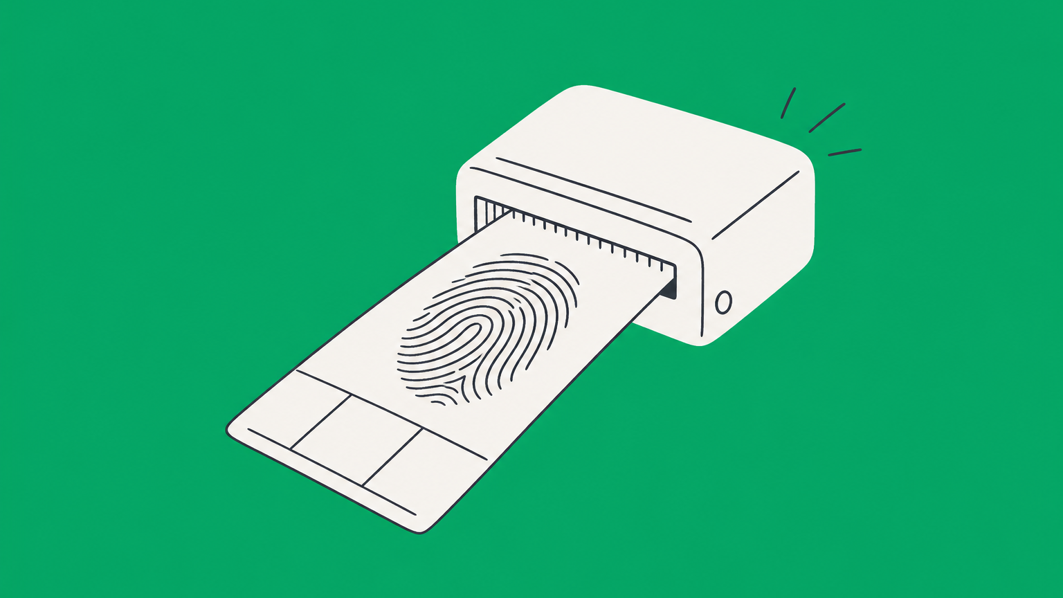 Flat illustration of a fingerprint card, scanner, calendar, and appointment envelope representing a USCIS biometrics appointment.