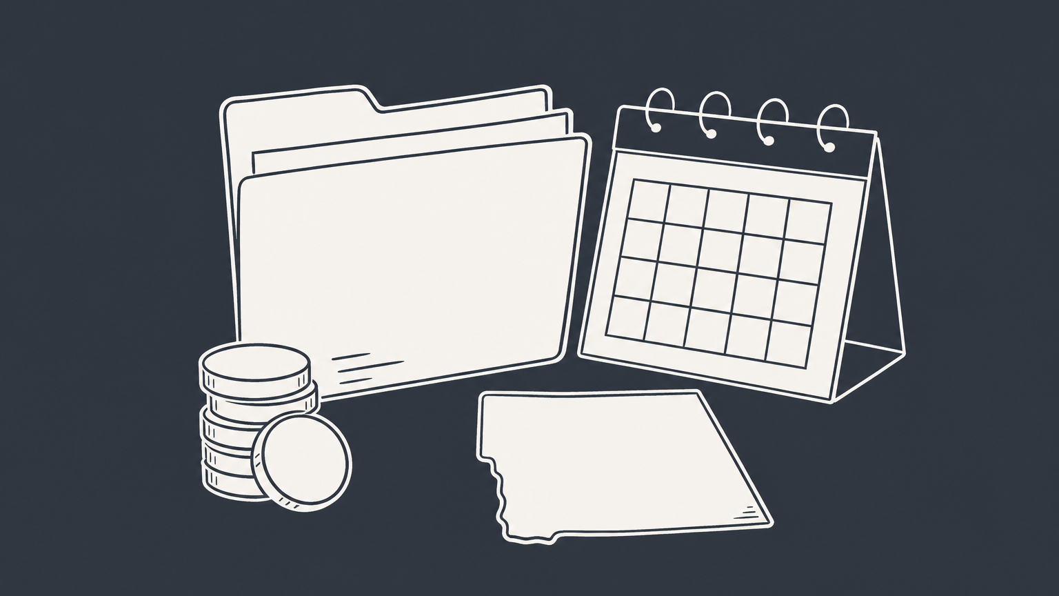 Flat illustration of a document folder, calendar, coins, and Wyoming-shaped tile representing a Wyoming LLC annual report.