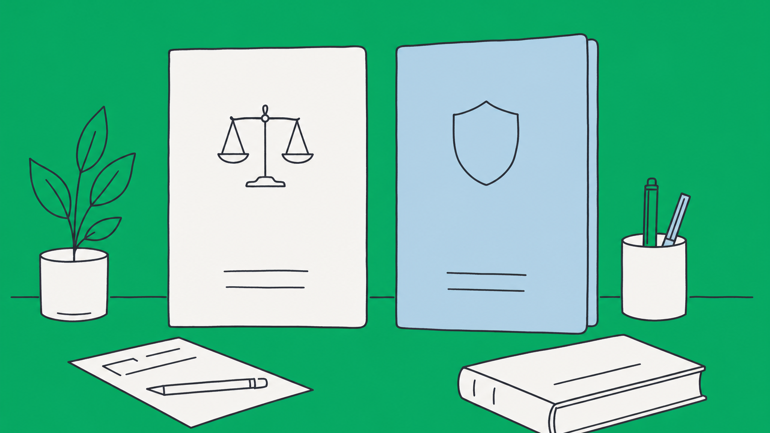 Flat illustration of two document covers entering one building foundation to represent certificate of incorporation and articles of incorporation terminology.