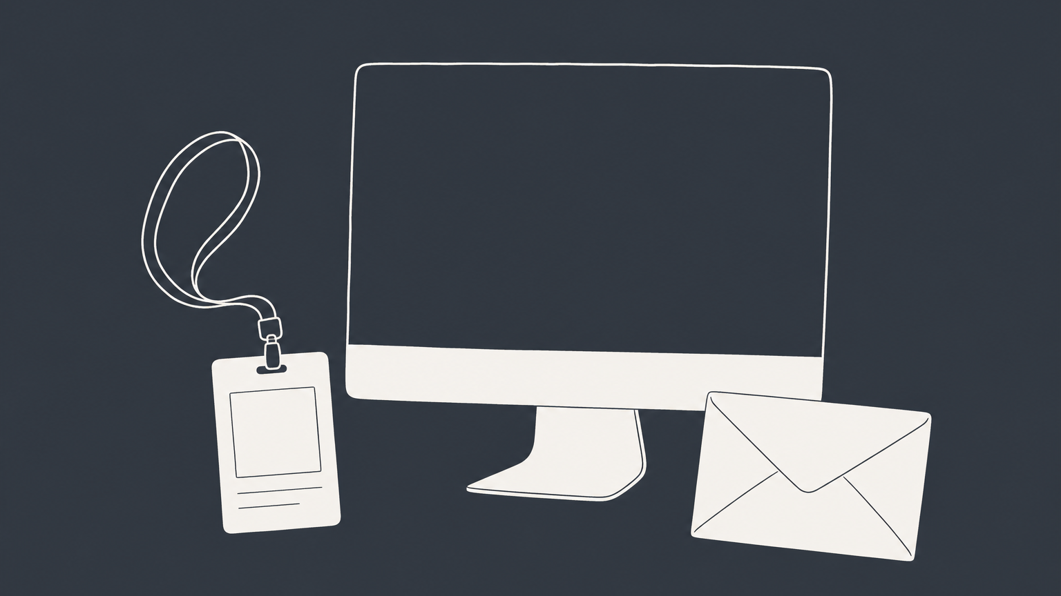 Flat illustration of an office identification badge, a dark computer monitor, and an unopened envelope representing being fired without notice.