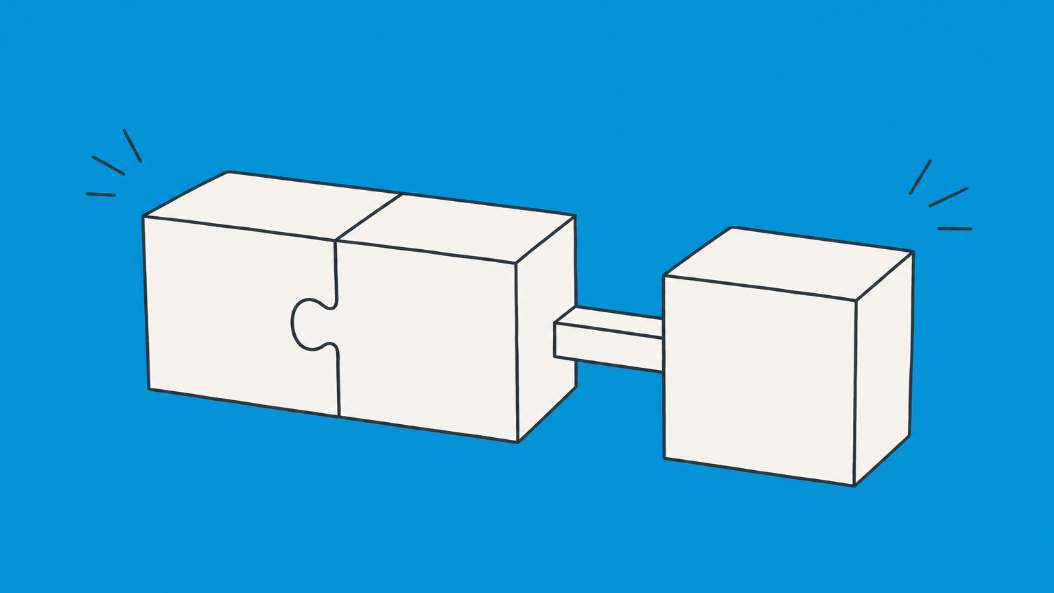 Flat illustration of two connected blocks and a third block linked by a bridge to represent the meaning of a 3rd party.