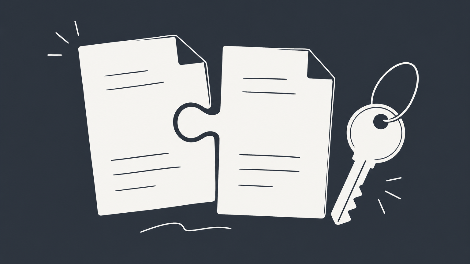 Flat illustration of two interlocking document pieces and a house key representing a ratified contract in real estate.