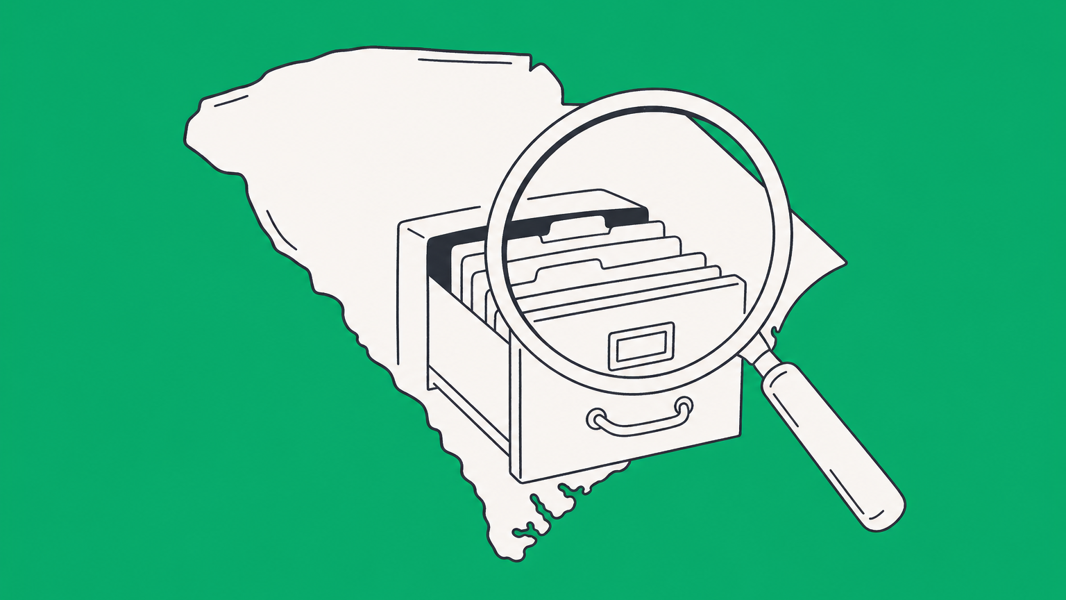 Flat illustration of a magnifying glass examining company folders for an SC Secretary of State business search.