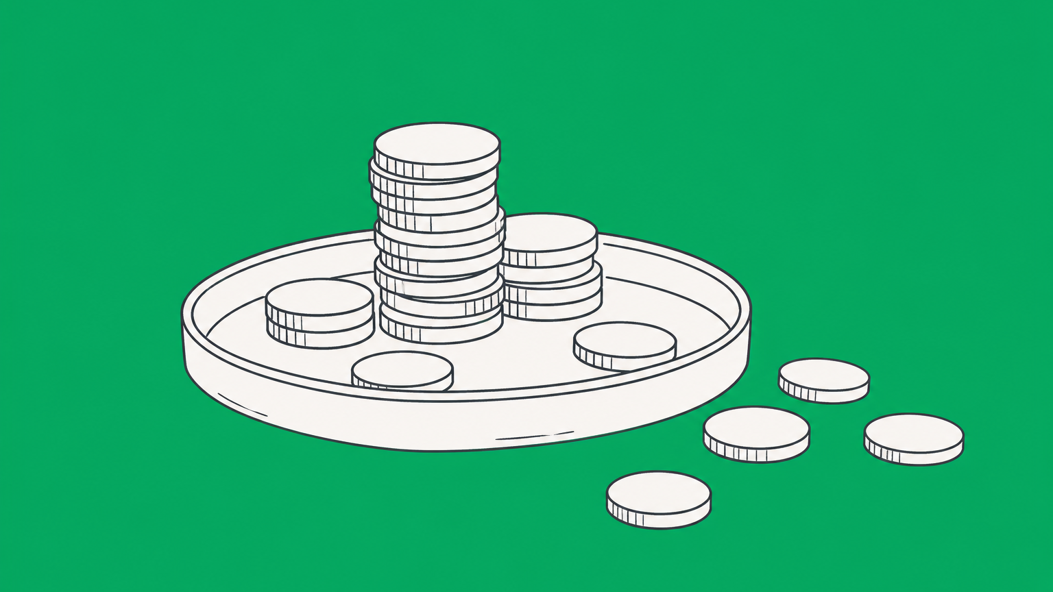 Flat illustration of coins spilling beyond a shallow tray boundary to represent S corp distributions in excess of basis.