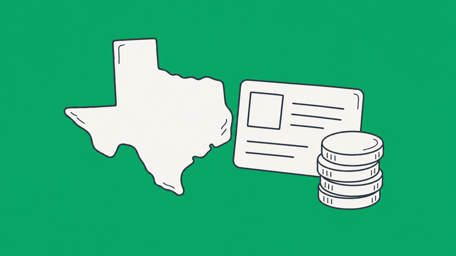 Flat illustration of a Texas map with separate permit, business name, and formation paths representing Texas business license and registration costs.