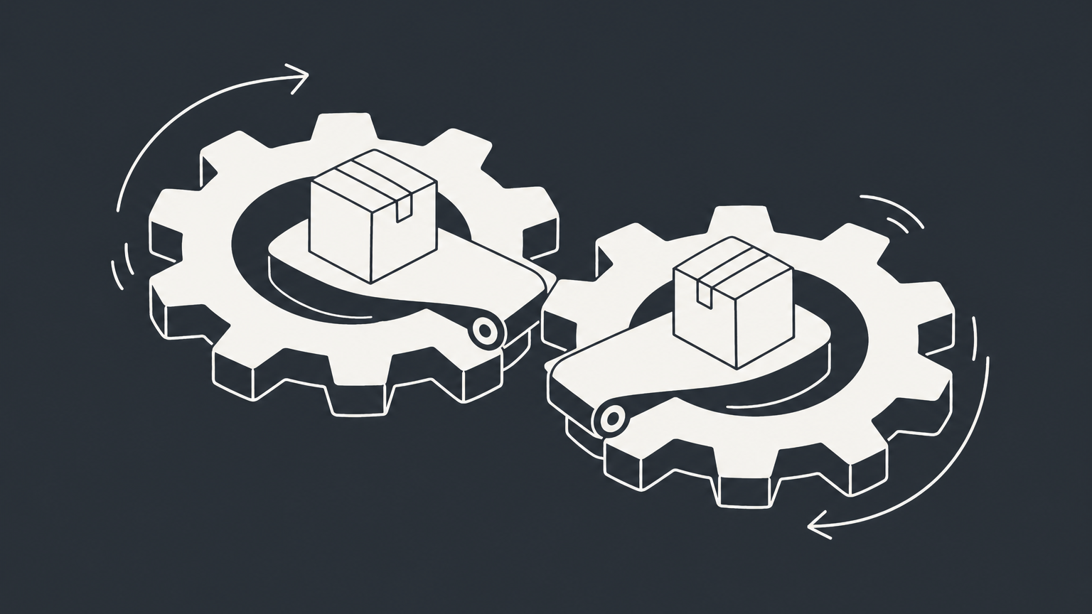 Flat illustration of two interlocking gears exchanging packages to represent mutual benefit in business arrangements.