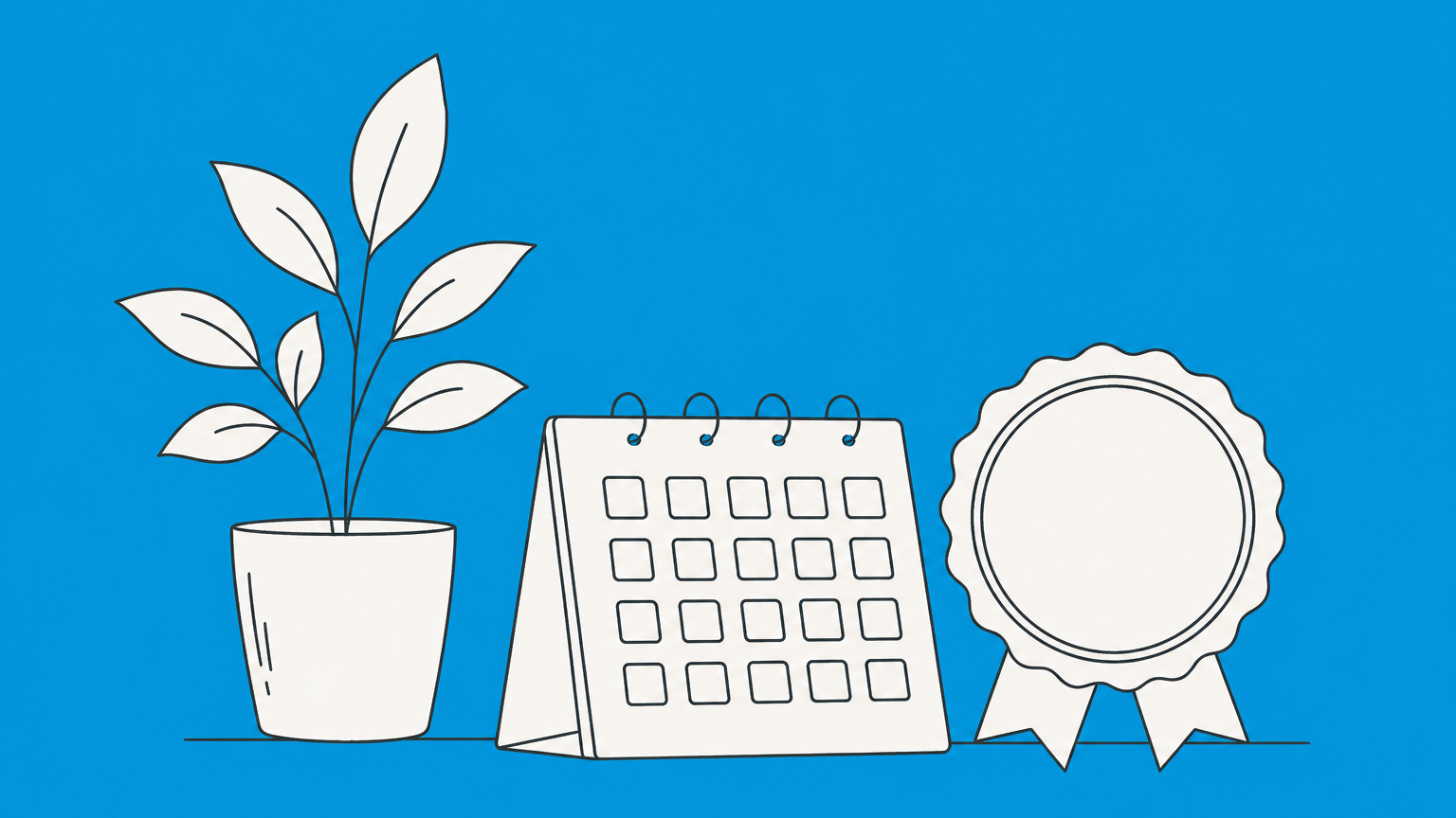 Flat illustration of an evergreen plant, recurring calendar, and unbroken seal representing the duration and maintenance of 501(c)(3) status.