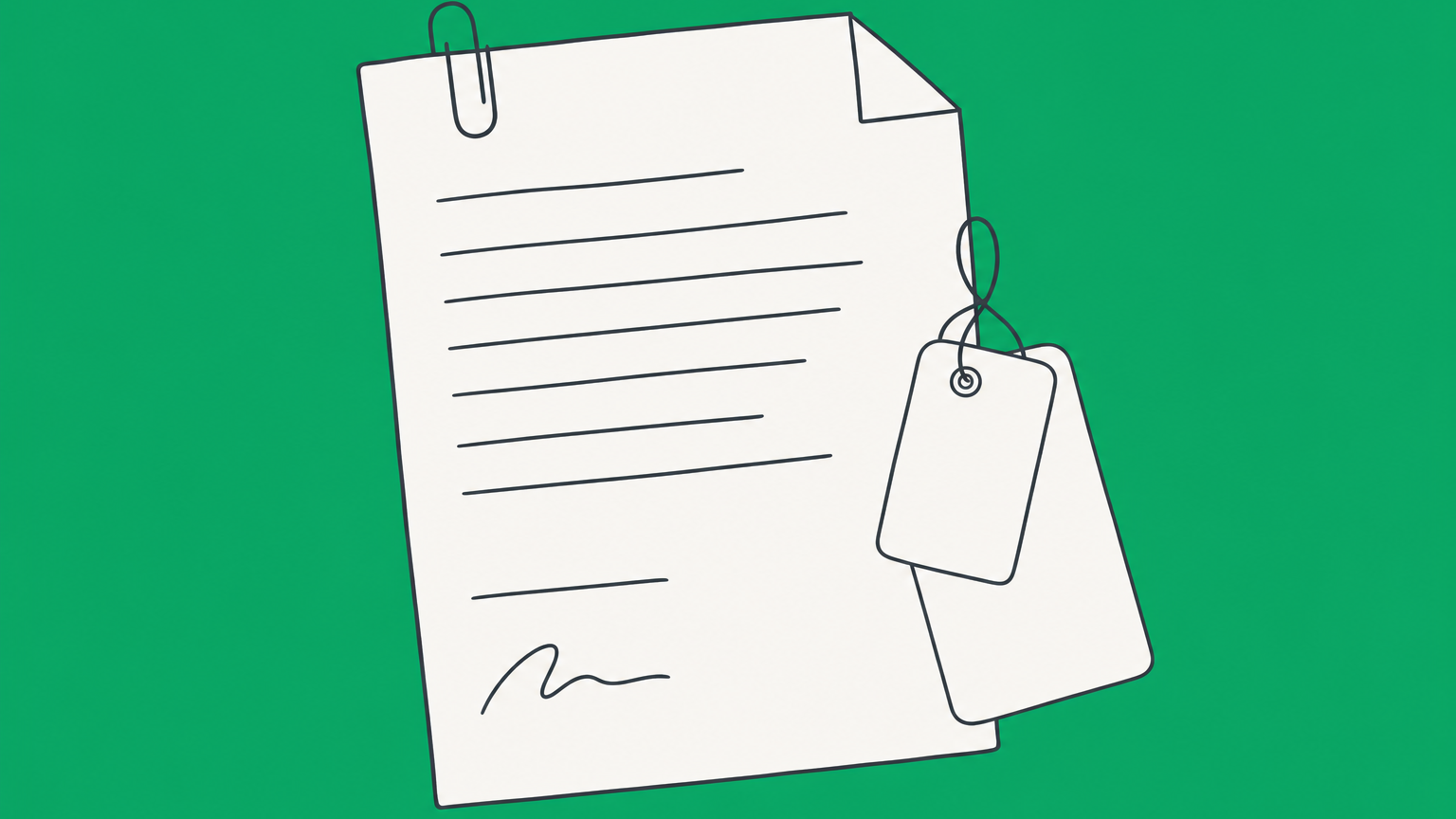 Flat illustration of a contract clipped to nested name tags representing how to write a DBA in a contract.