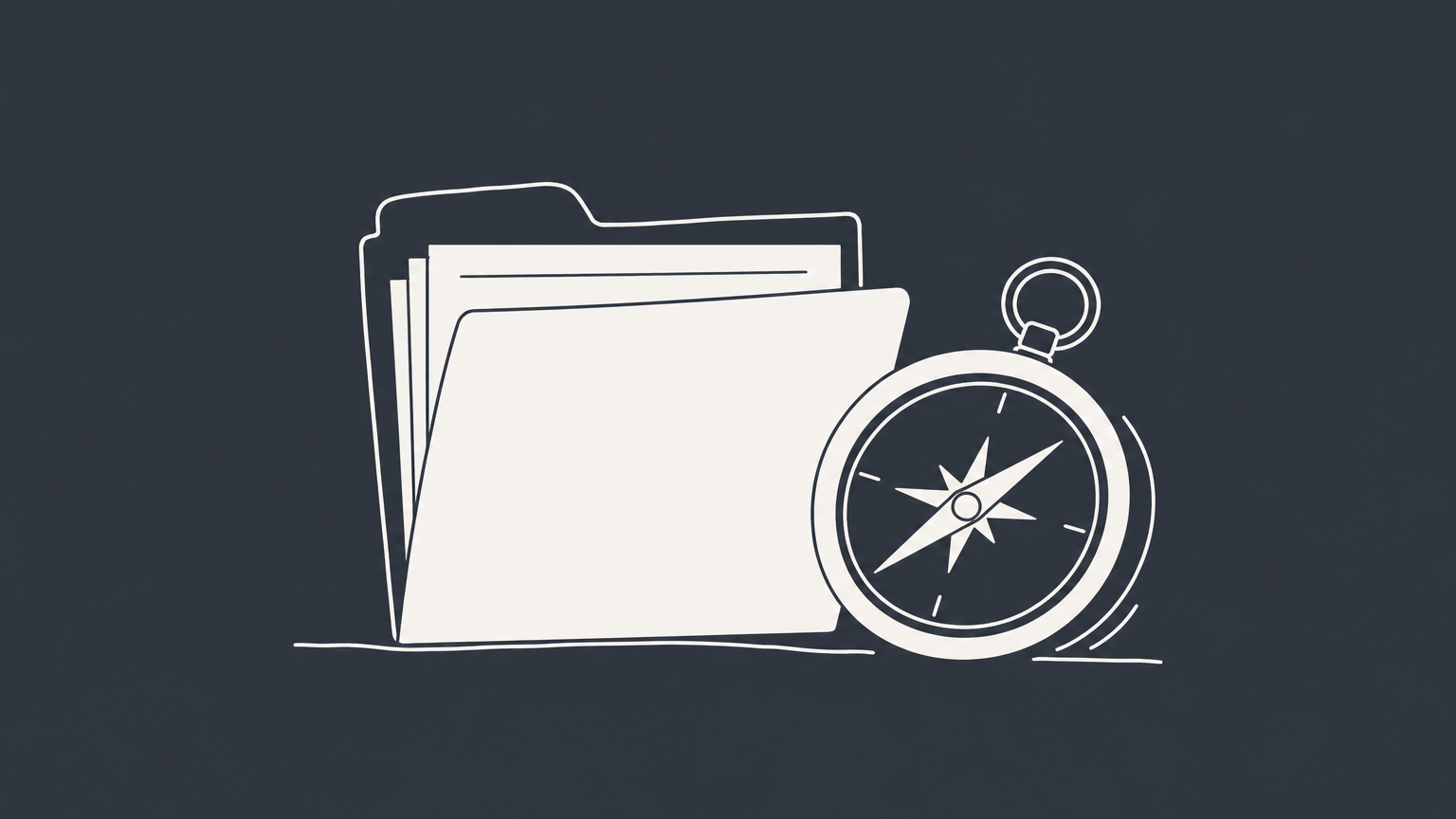 Flat illustration of a formation folder and compass pointing toward business activities to represent choosing a business purpose for an LLC.