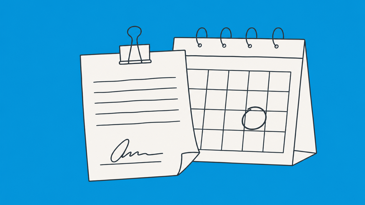 Flat illustration of a paper note clipped to a calendar beside an hourglass, representing promissory note validity periods.