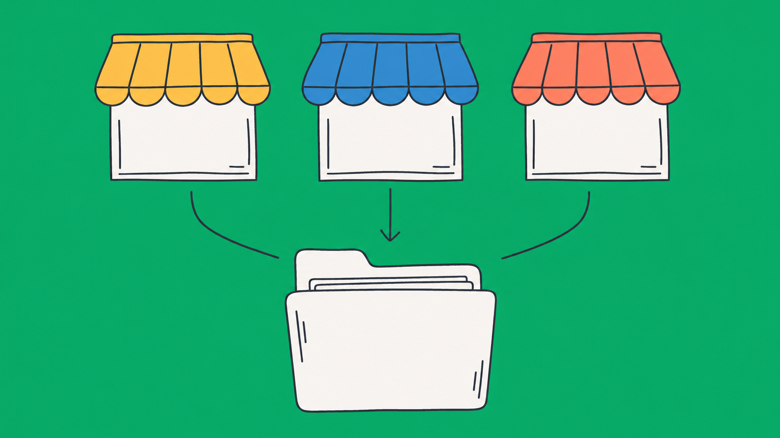 Flat illustration of one business folder branching into several storefront awnings to represent multiple DBAs under one LLC.