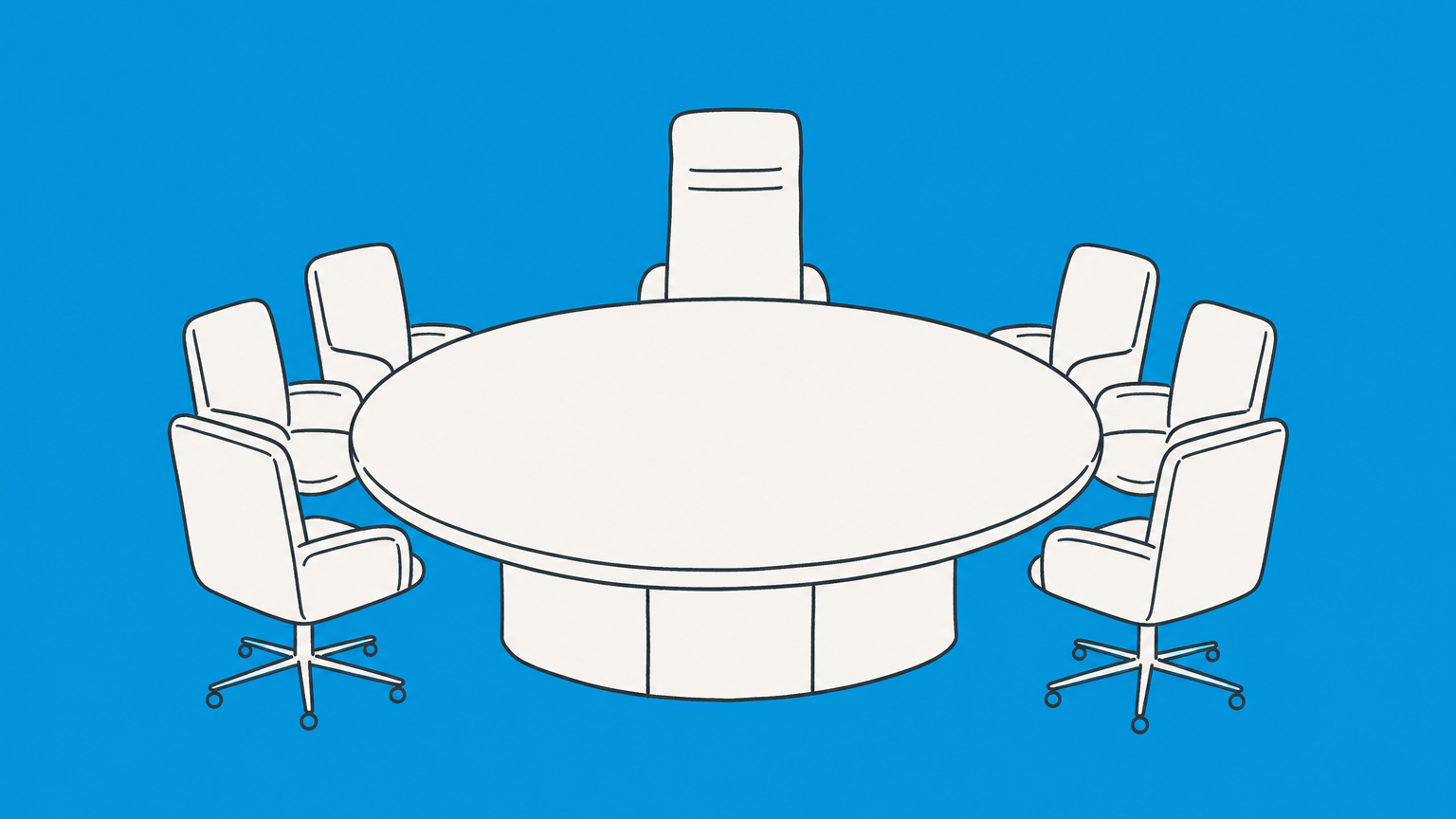 Flat illustration of an empty conference table with distinct chairs and role folders representing board member positions.