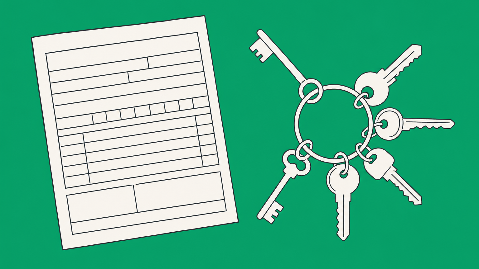 Flat illustration of a tax document and a matching key selected from several shapes to represent choosing an exempt payee code.