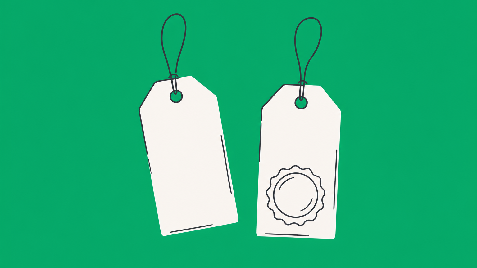 Flat illustration of two product tags with a claim flag and an official seal press representing trademark vs. registered trademark status.