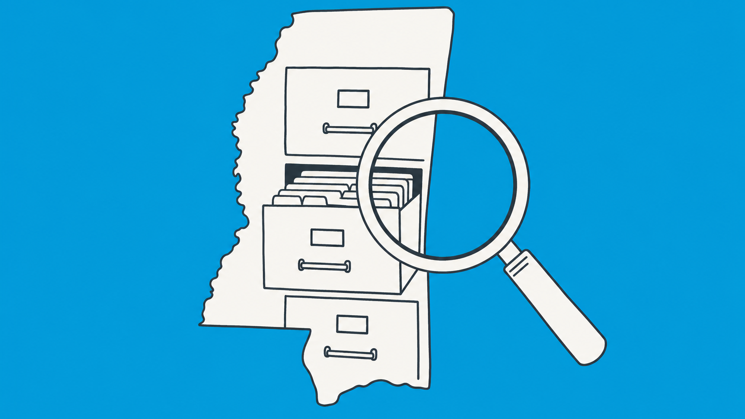 Flat illustration of a magnifying glass, Mississippi map, and entity record cards representing a Mississippi Secretary of State business search.