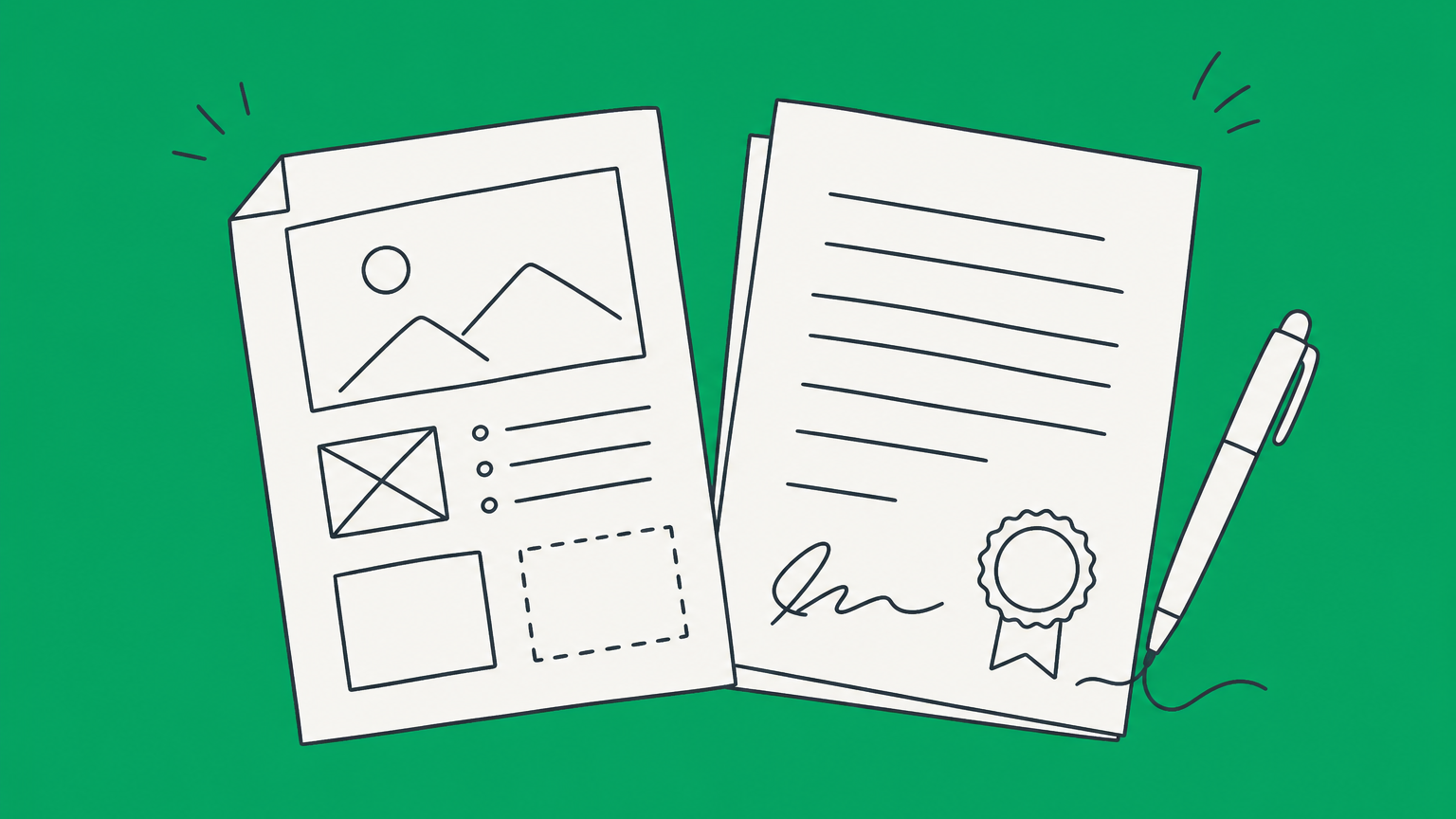 Flat illustration of a creative project moving toward either a company folder or creator portfolio beside a signed agreement, representing work for hire ownership.
