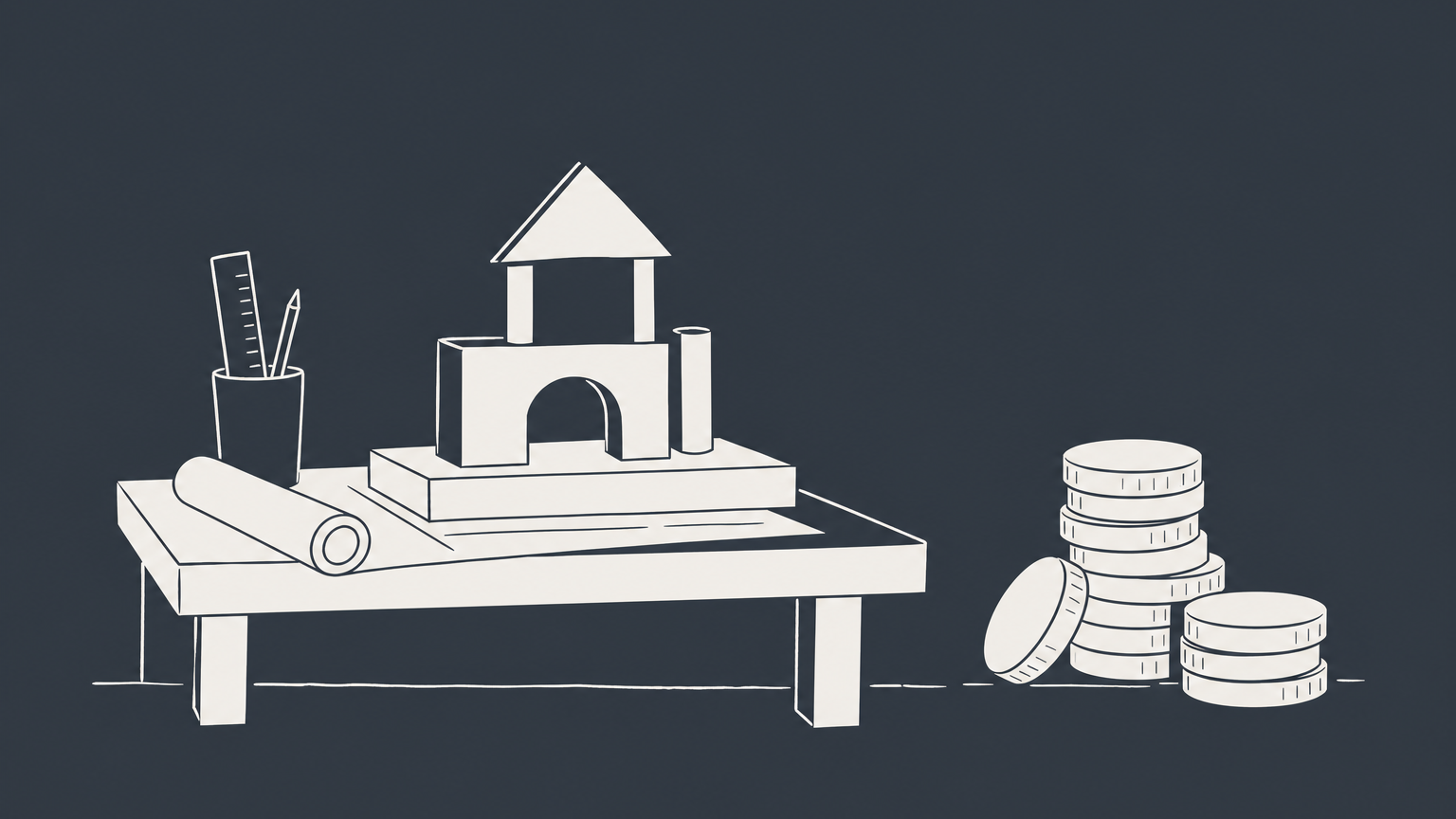 Flat illustration of a prototype branching toward a coin, contract, and packaged product to represent ways to make money from an invention.