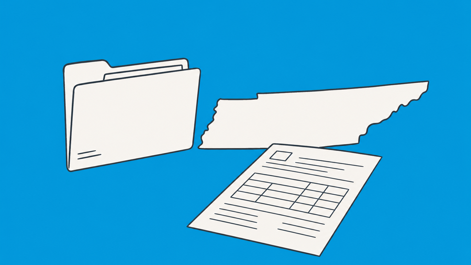 Flat illustration of a single folder moving through state, calendar, and tax trays representing Tennessee single-member LLC filing requirements.