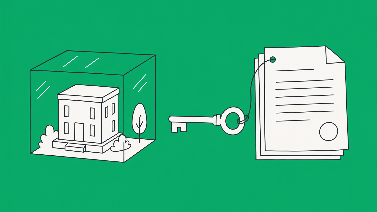 Flat illustration of a building held inside an LLC-like transparent cube beside a key and loan documents, representing an LLC mortgage.