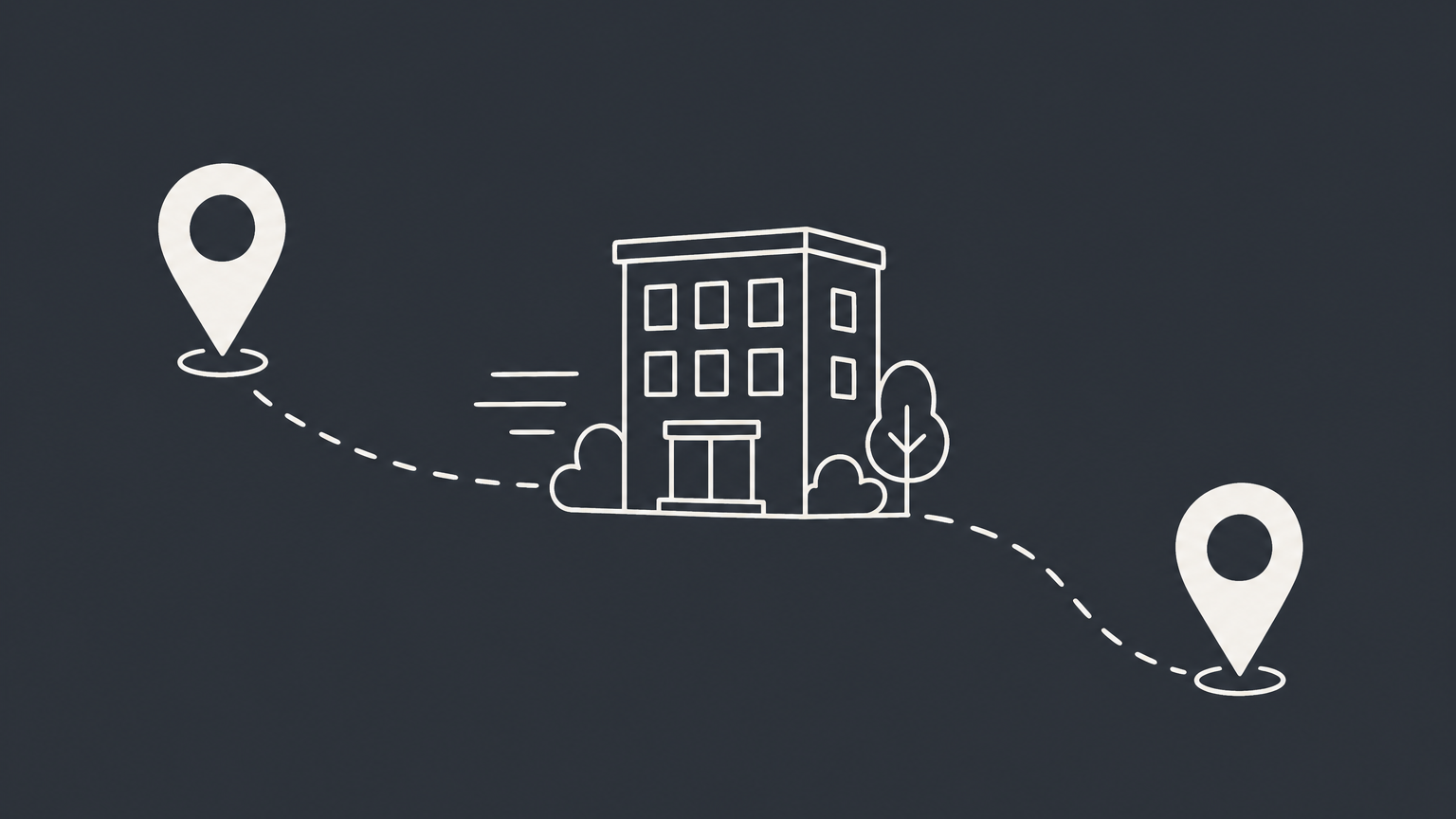 Flat illustration of a small office moving between map pins with notices sent to agencies for a Texas LLC address change.