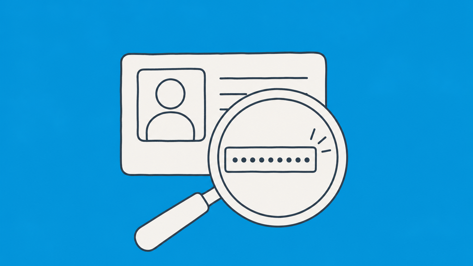 Flat illustration of a magnifying glass comparing an identification card and a passport document to find an Alien Registration Number.
