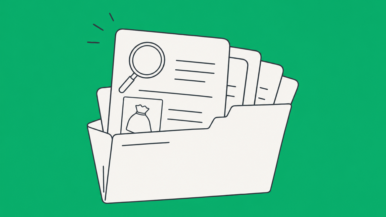 Flat illustration of an open case folder with one illuminated evidence card representing a prima facie case.