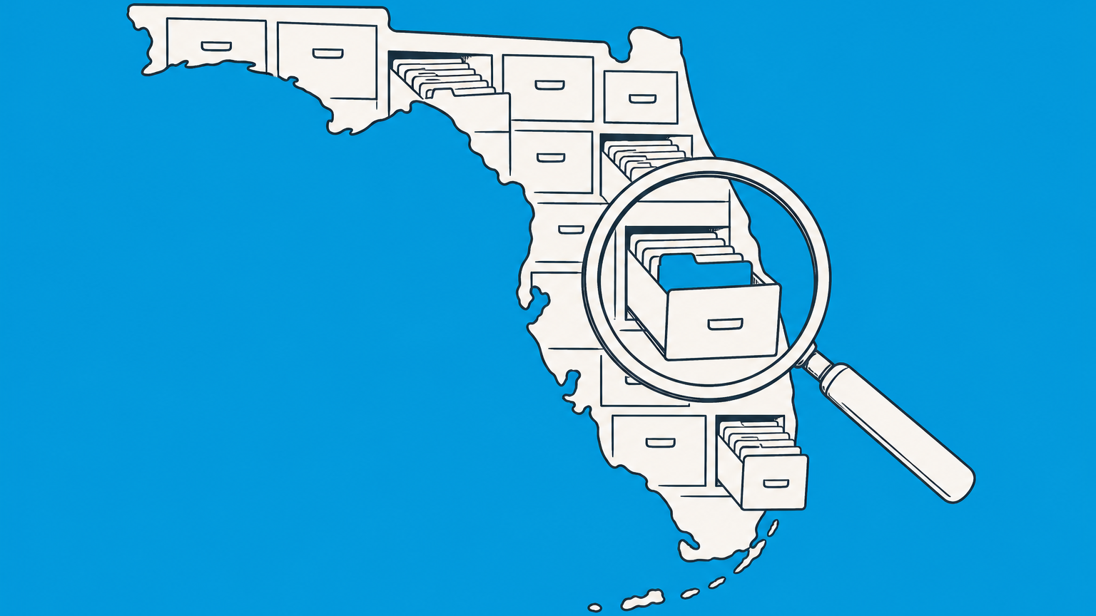 Flat illustration of a magnifying glass examining a highlighted business folder for a Florida LLC lookup.