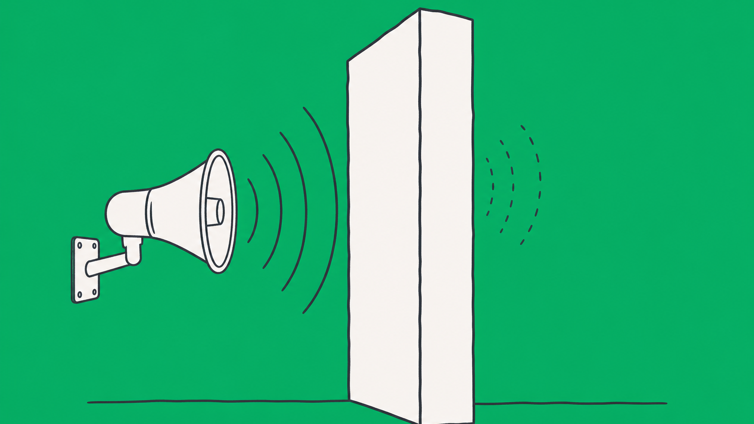 Flat illustration of sound waves from a speaker meeting a barrier beside a phone, representing steps for handling neighbors playing loud music at night.