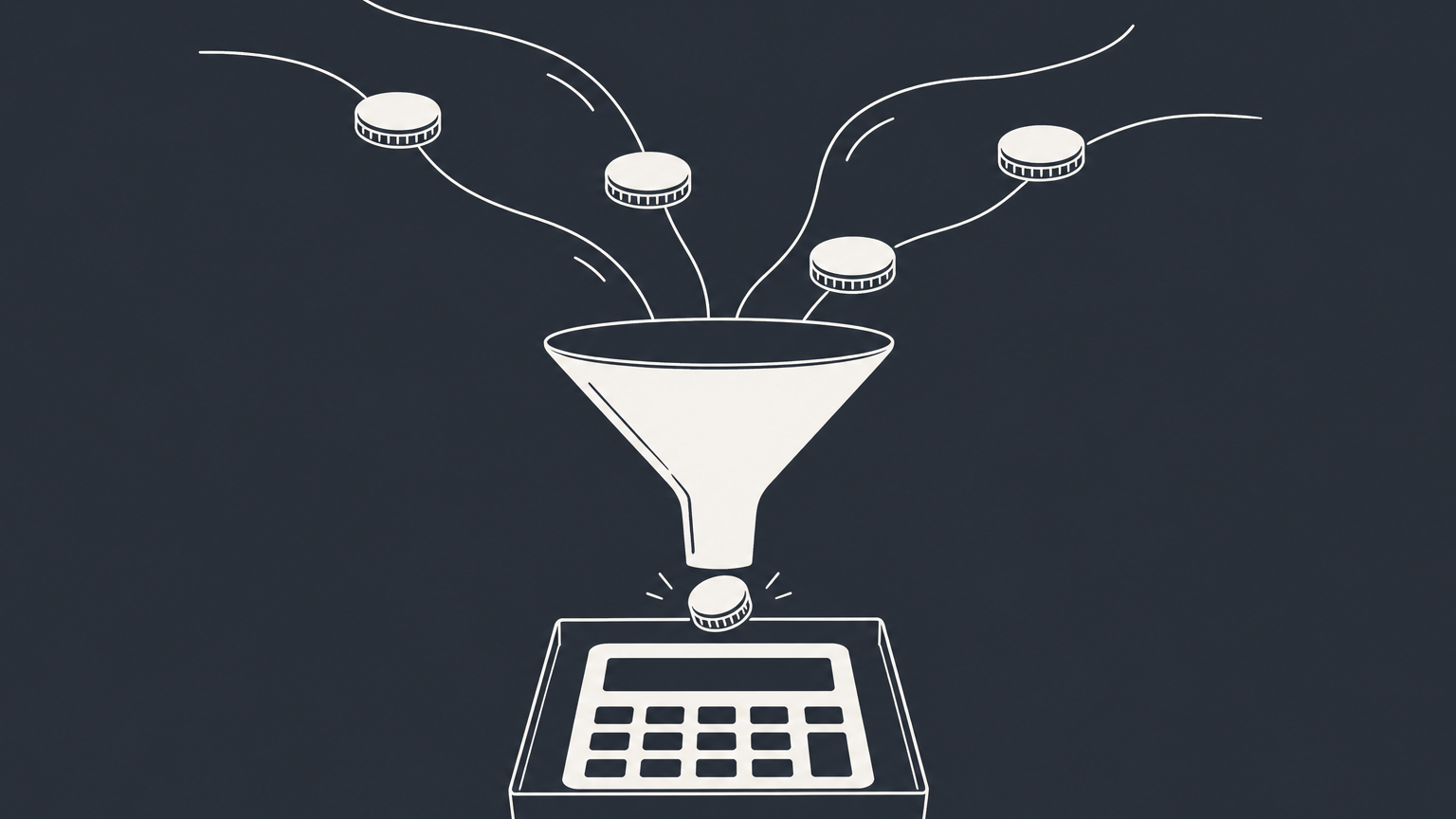 Flat illustration of income streams passing through a calculation funnel to represent federal income tax liability.