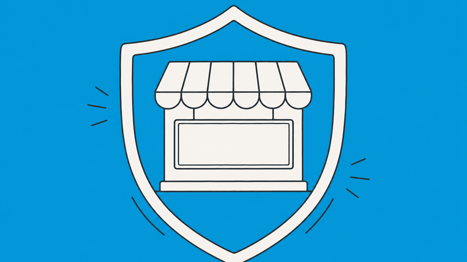 Flat illustration of a storefront sign moving through a search magnifier into a shield to represent trademark protection when someone asks how to patent a name.